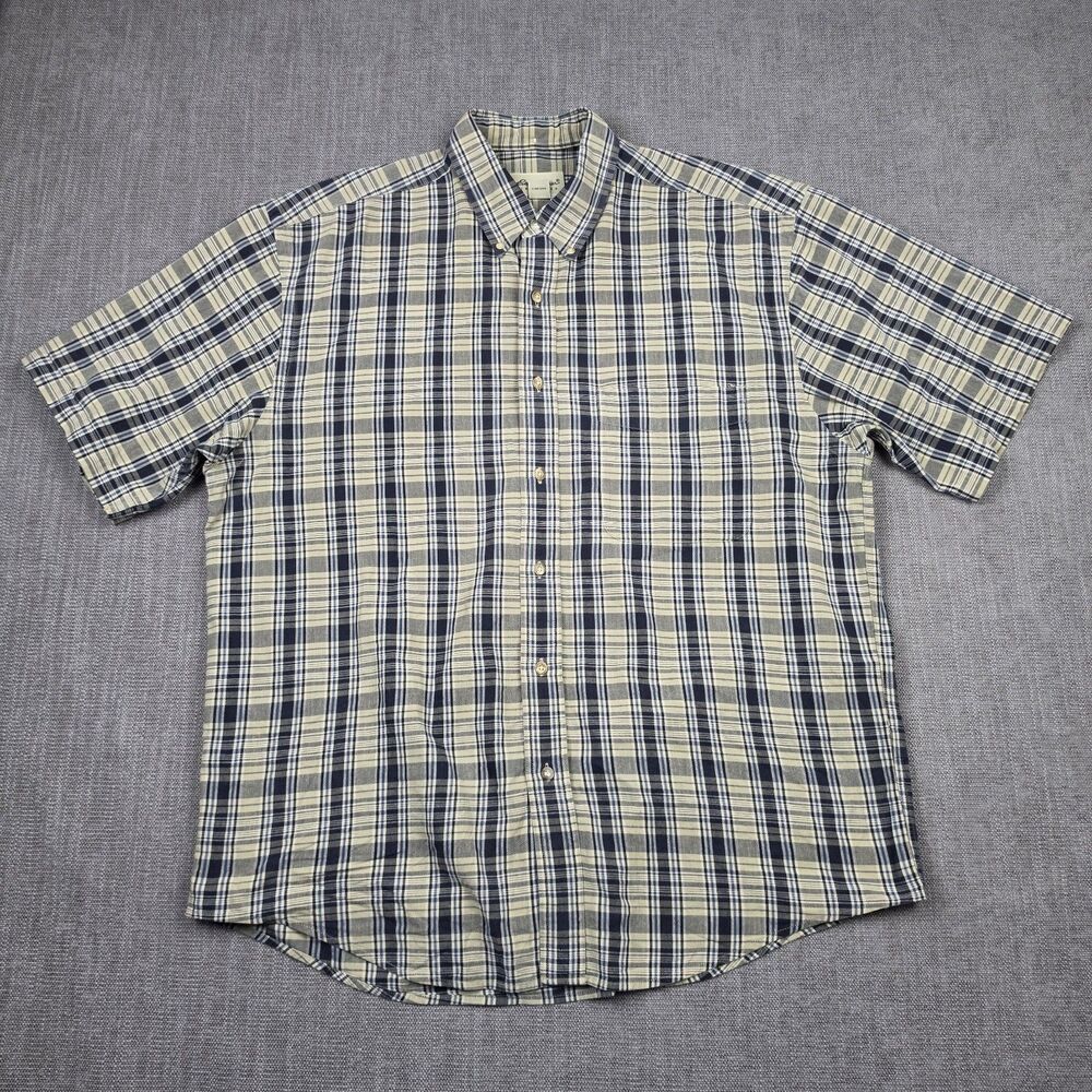 Vintage Eddie Bauer Shirt Mens Large L Plaid Button Down Short Sleeve Beige Blue